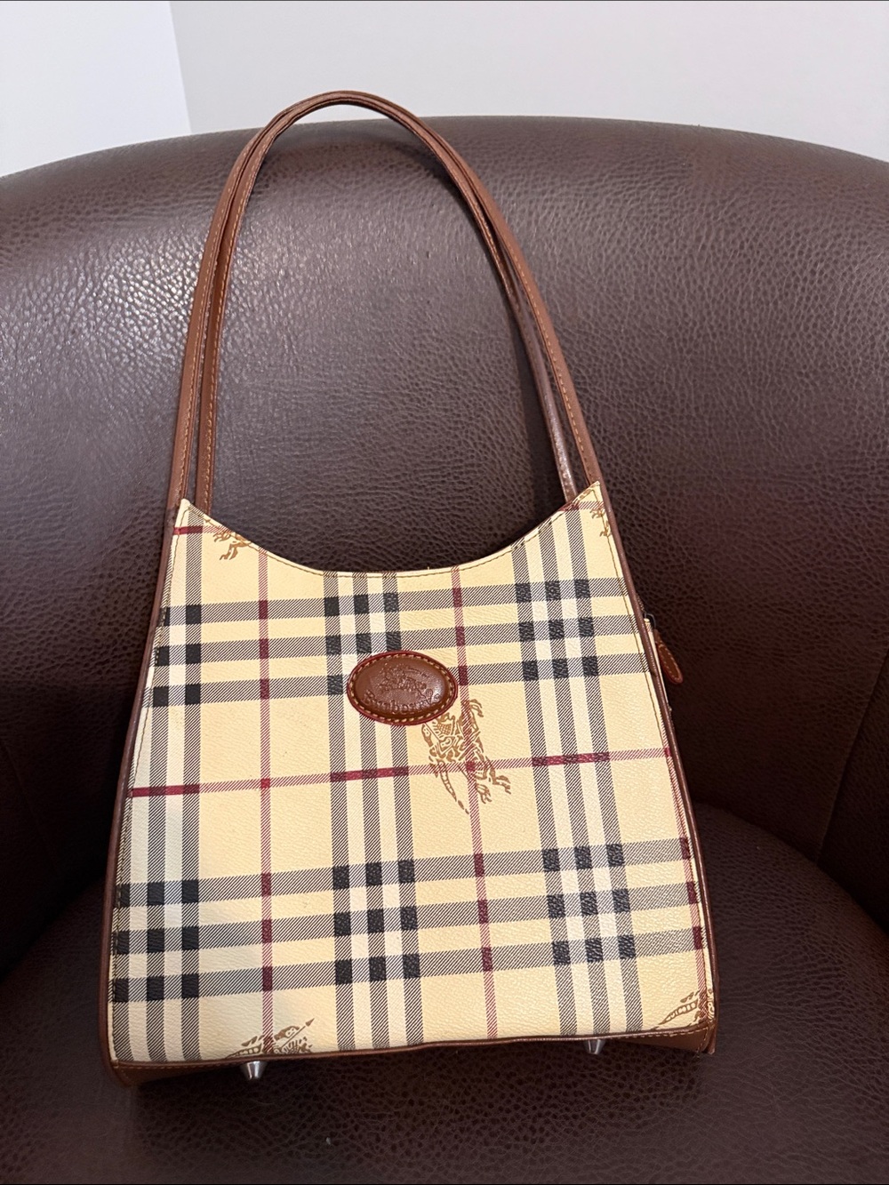 Burberry Classic Plaid Shoulder all Leather Exterior Bag with Leather Brown Trim